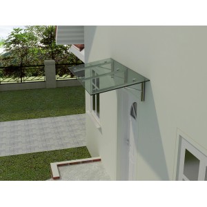 Modernes Glasvordach Zugspitze aus Klarglas VS-Glas, Edelstahlhalterungen, montiert über einer Haustür.