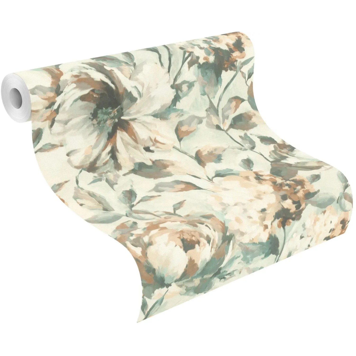 Rasch Vliestapete Florentine III mit Blumenmuster in Weiß, Braun und Grün auf einer Rolle.