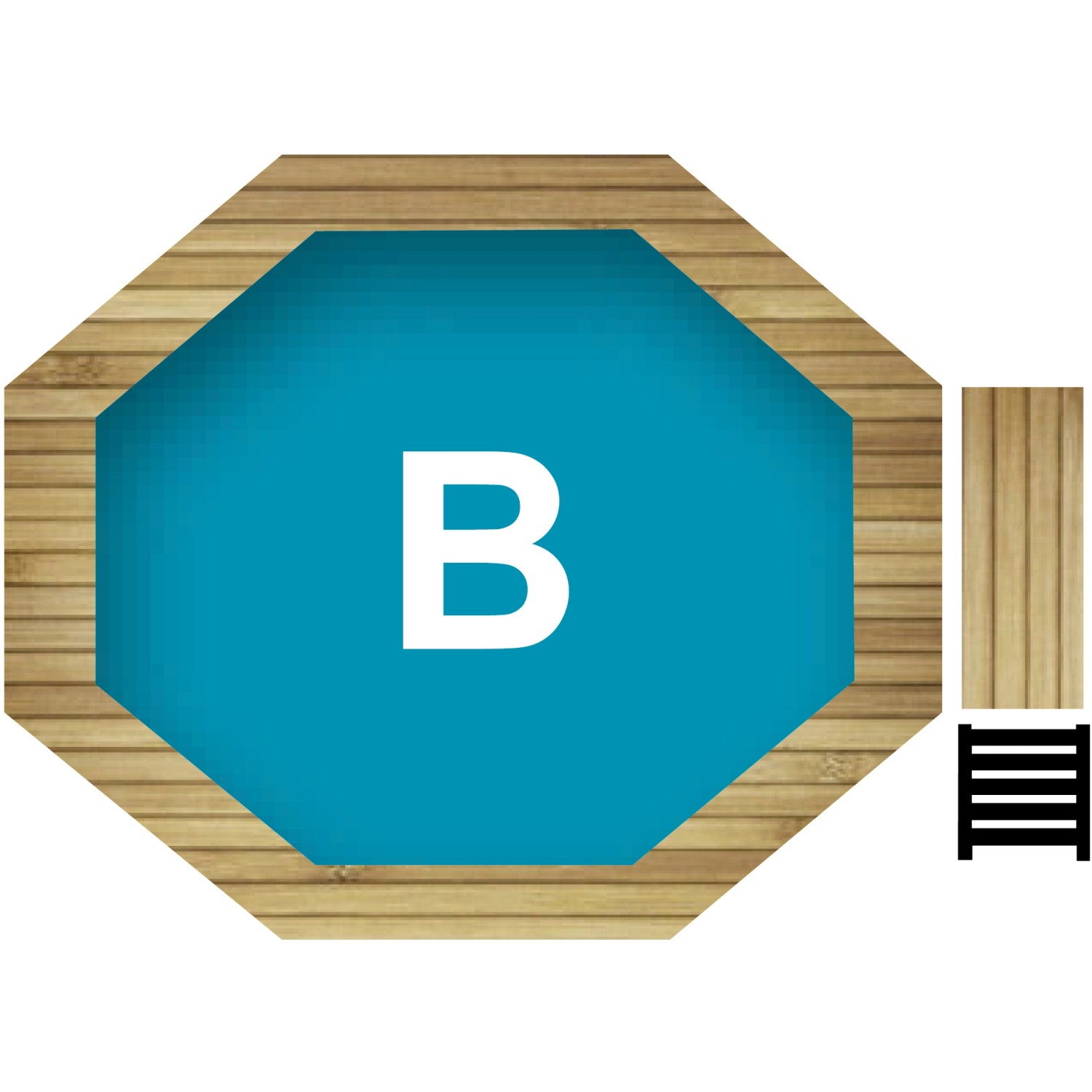 Karibu Holzpool Modell 2 B KDI: Acht­eckiger Pool mit blau­er Folie und Leiter.