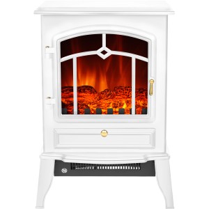 Weißer El Fuego Elektrokamin Como mit Heizung und Flammeneffekt.