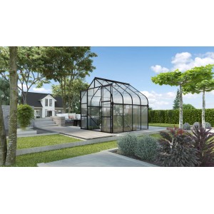 Schwarzes Vitavia Gewächshaus Diana 6700 HKP mit Zubehör im Garten.