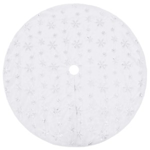 Weiße, runde Weihnachtsbaumdecke (90 cm) aus Kunstpelz mit silbernen Schneeflocken.