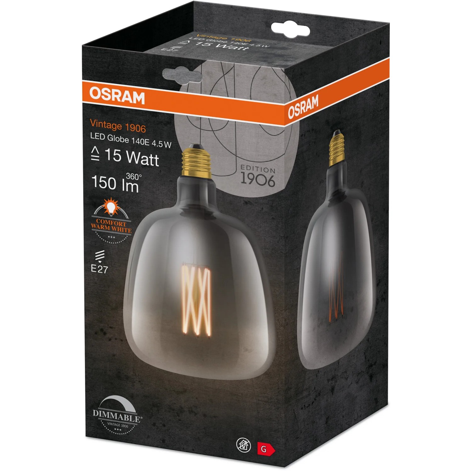 Osram LED-Leuchtmittel E27 Globe, 4,5W, extra warm, 150lm, 20x14cm, in Produktverpackung.
