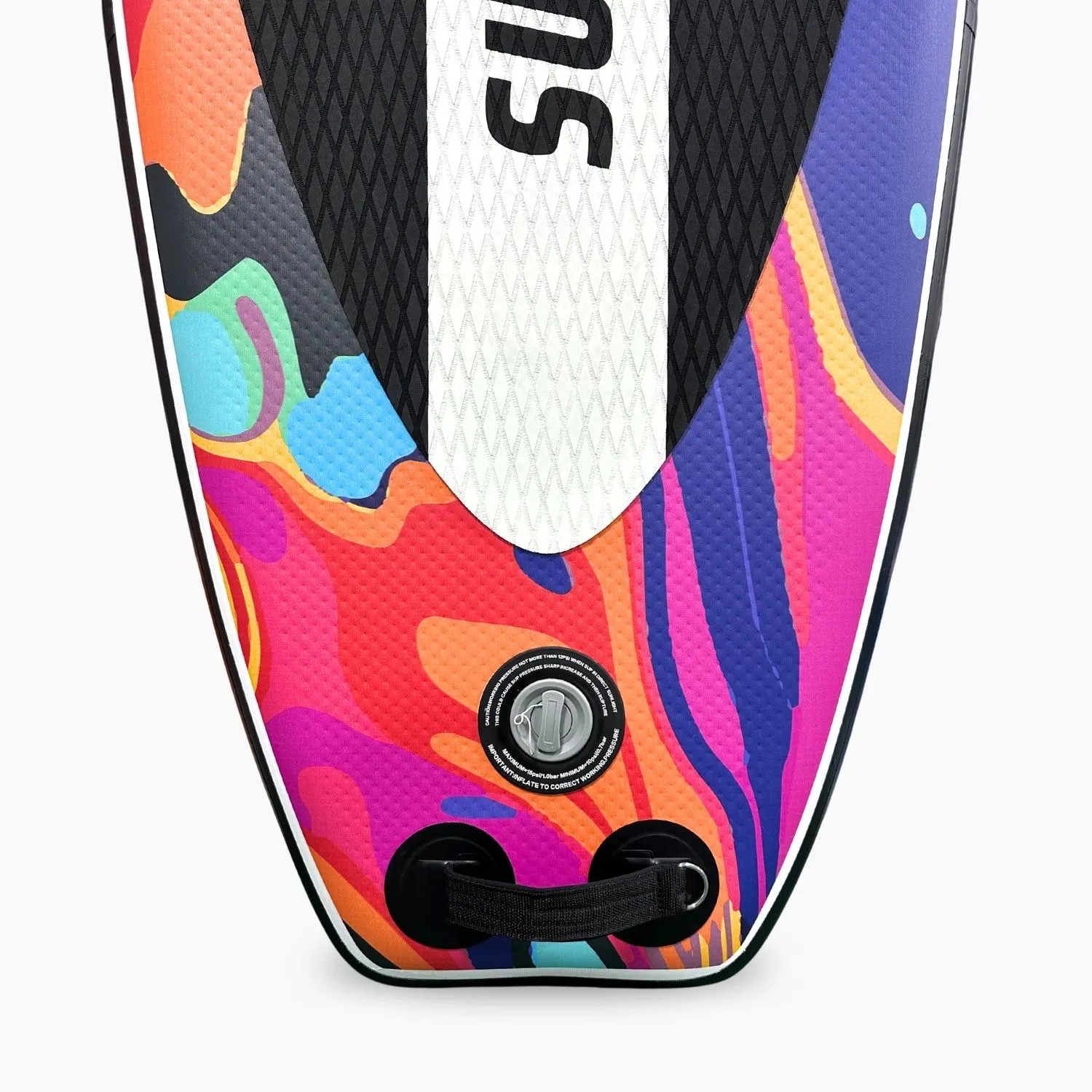 Suprfit SUP Board Water Marble, Detail der bunten, marmorierten Spitze mit Ventil und Tragegriff. Ideal für Wassersport.
