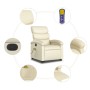 Cremefarbener Massagesessel mit Aufstehhilfe und Details wie Fernbedienung und Seitentasche.