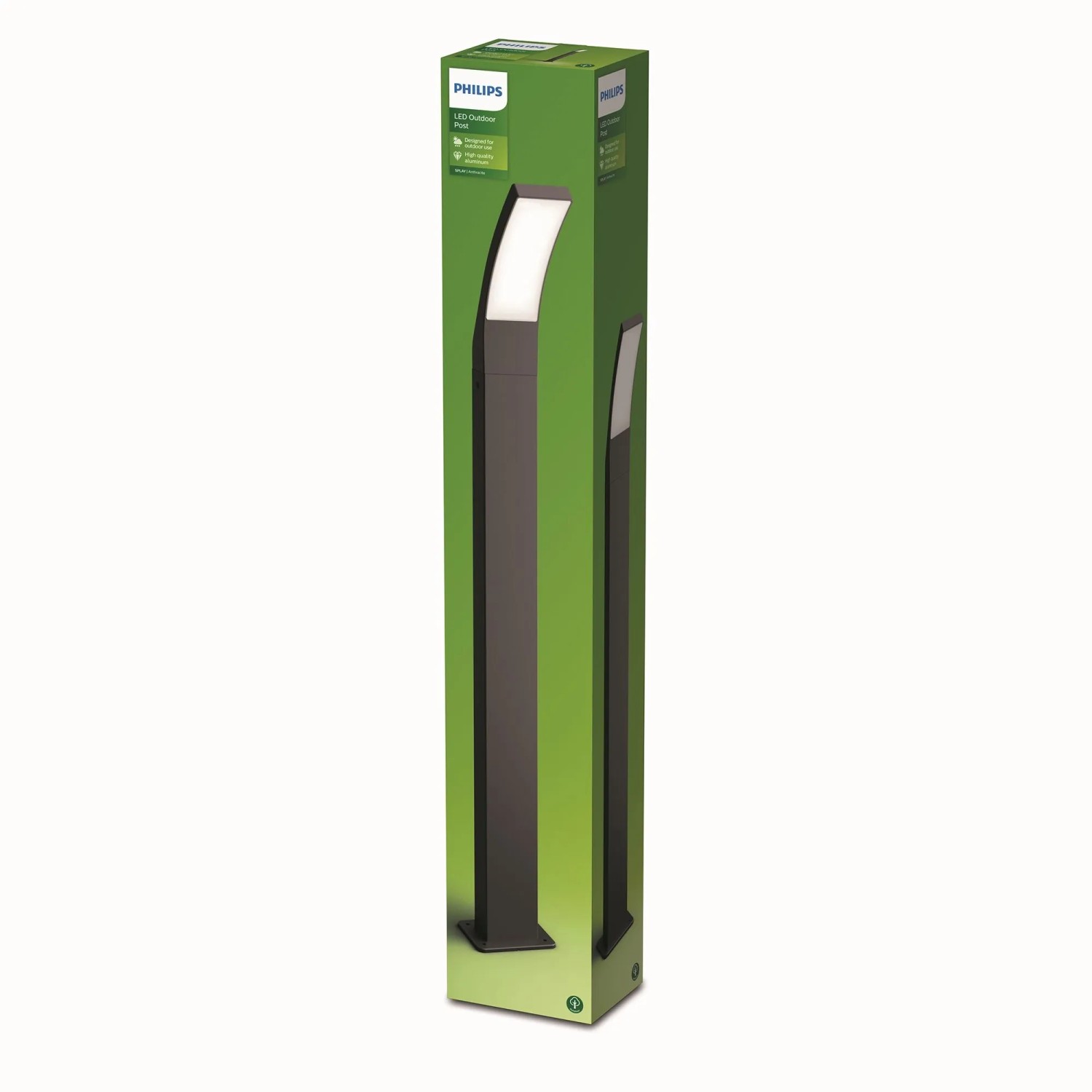 Verpackung der Philips Splay LED-Wegeleuchte in Anthrazit, 96 cm hoch.