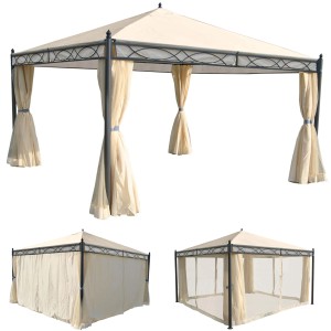 MCW Pergola Calpe Creme 4x4m mit Dach, Seitenwand und Moskitonetz für Terrassenüberdachung.