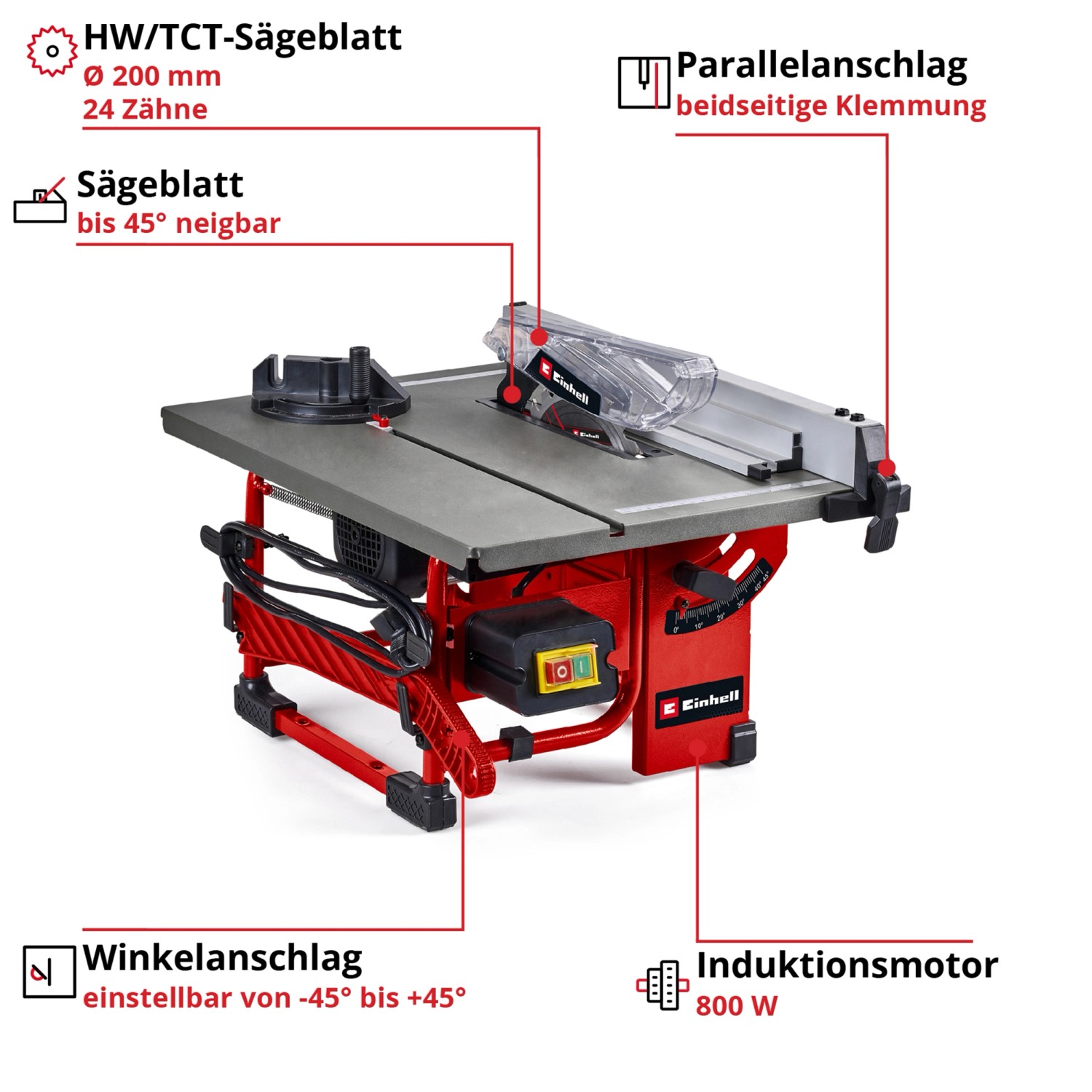Einhell TC-TS 8 I Tischkreissäge: Kompakte Kreissäge mit Induktionsmotor und Stahl-Arbeitstisch.