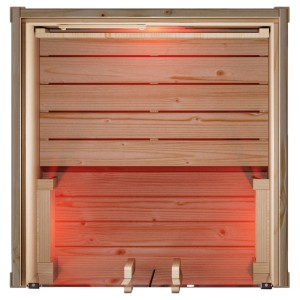 Innenansicht der Eilo Infrarotkabine EL 101 aus Fichte mit Rotlicht.