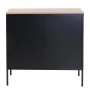 Schwarze MCW Kommode L84-2 mit zwei Türen und hellem Holzdeckel. Schubladenkommode mit Metallfüßen.
