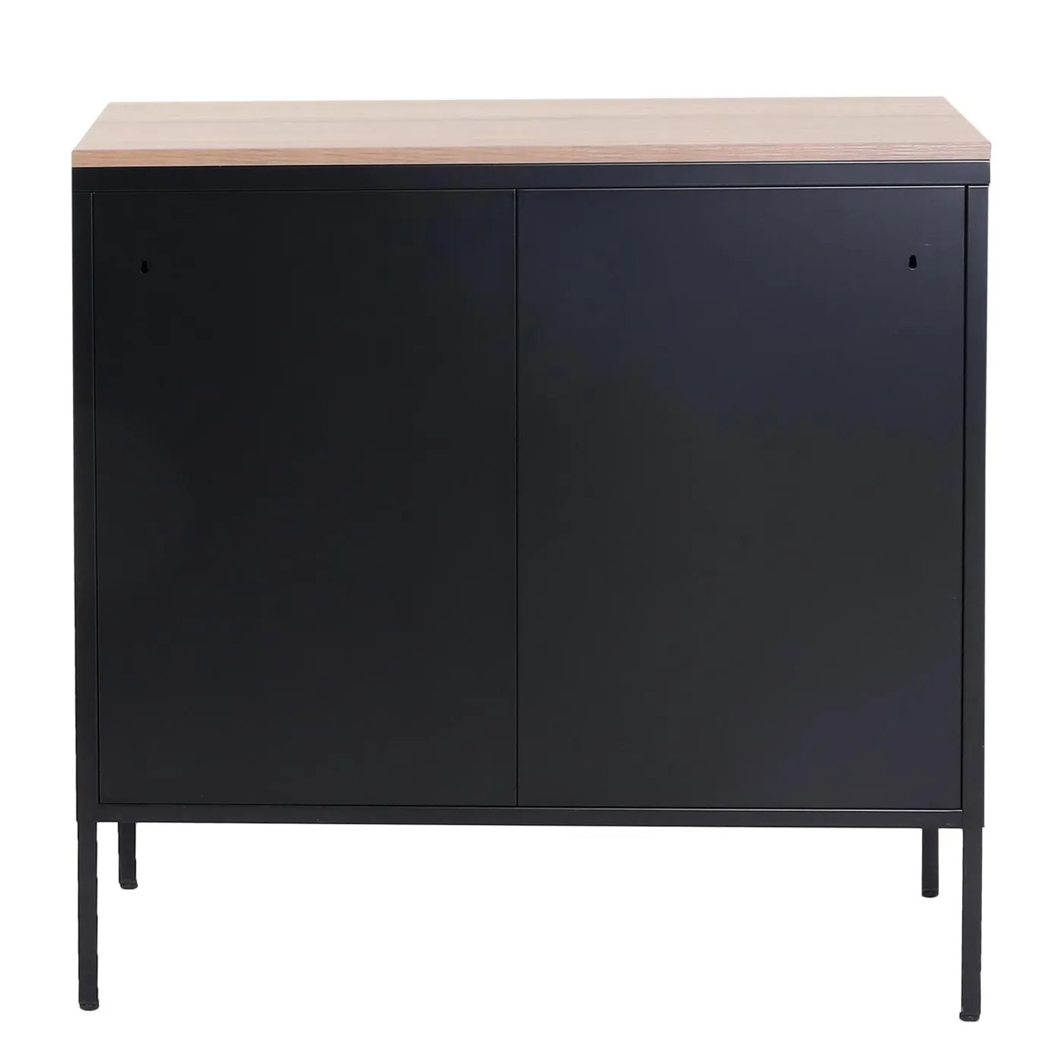 Schwarze MCW Kommode L84-2 mit zwei Türen und hellem Holzdeckel. Schubladenkommode mit Metallfüßen.