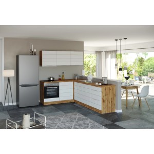 Moderne Held Möbel Winkelküche in Matt Weiß und Wotaneiche mit E-Geräten.