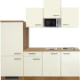 Flex-Well Küchenzeile Vintea 210 cm in Magnolia/Lancelot Oak mit E-Geräten wie Kühlschrank und Mikrowelle.