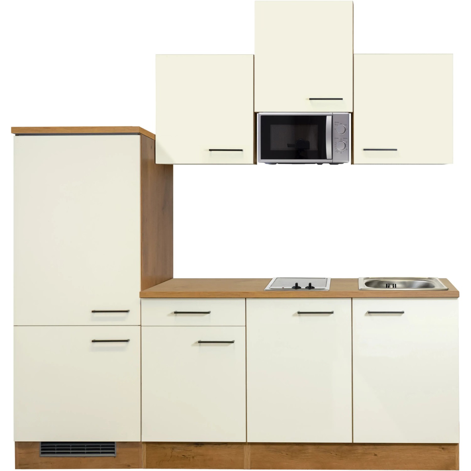Flex-Well Küchenzeile Vintea 210 cm in Magnolia/Lancelot Oak mit E-Geräten wie Kühlschrank und Mikrowelle.