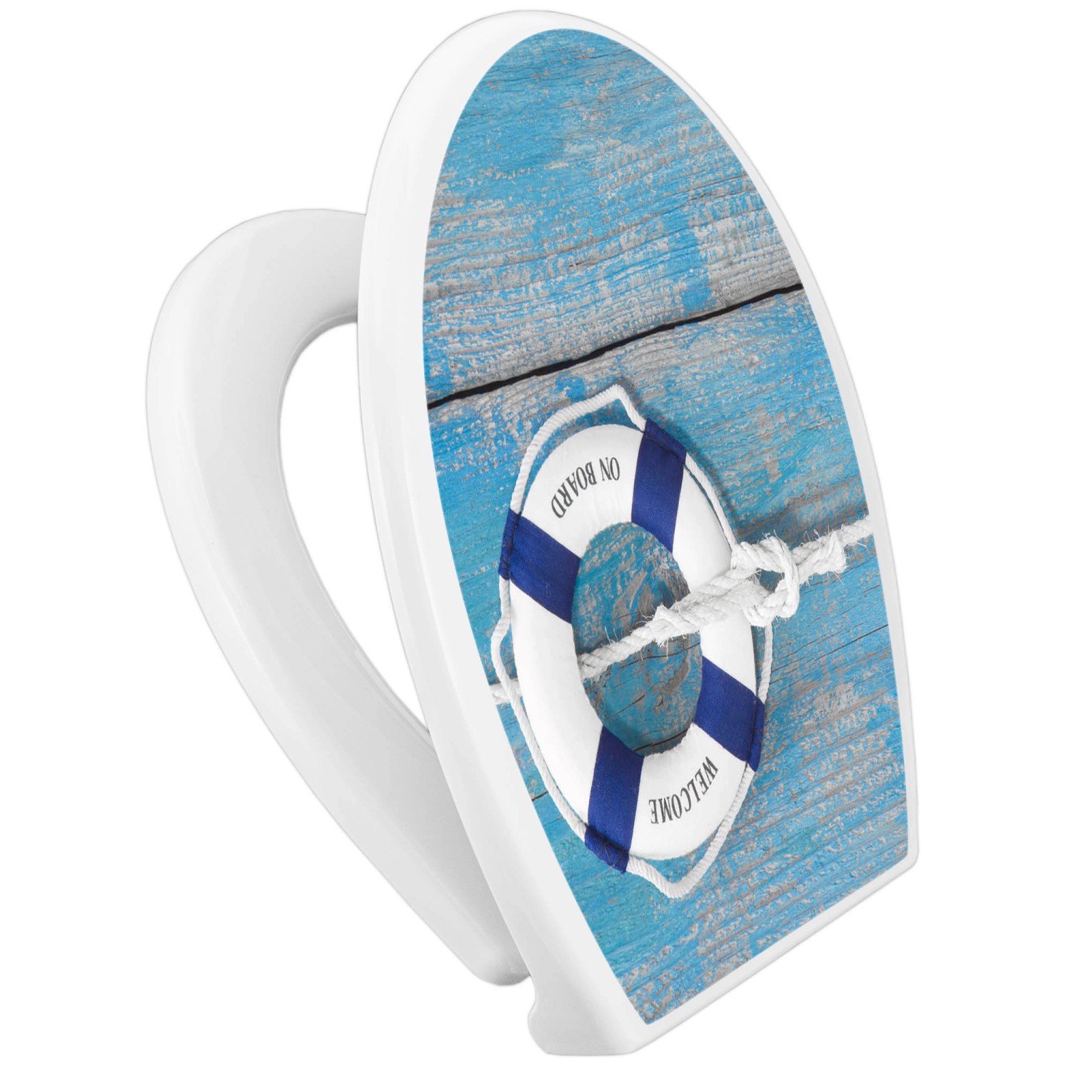 Banjado WC-Sitz Familie mit Absenkautomatik, Motiv blauer Rettungsring auf Holz.