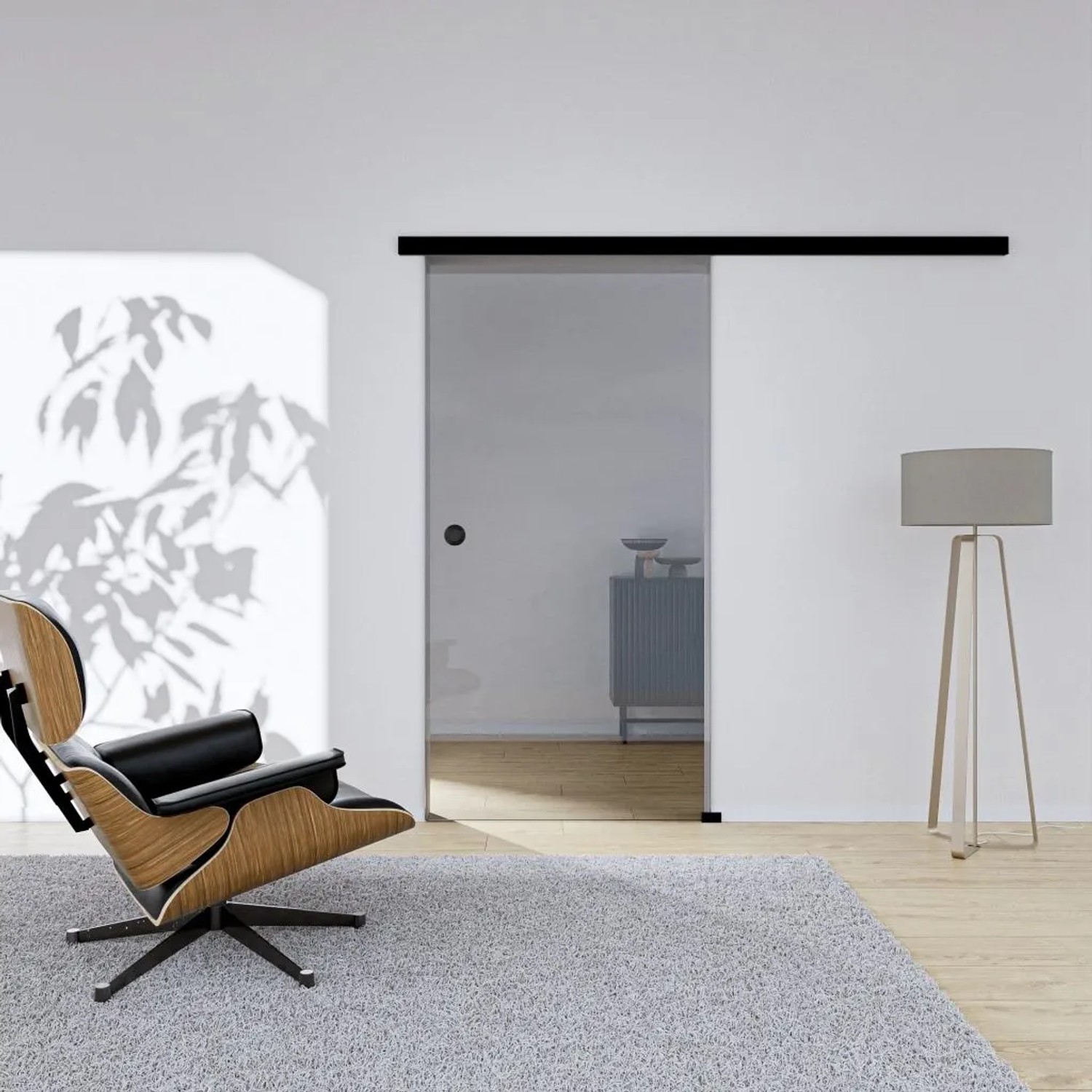 Hansaglas Glasschiebetür Klarglas 900 x 2050 mm Komplettset Schwarz Muschelgriff SoftClose