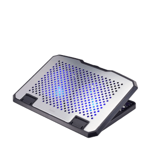 Hama Laptop-Kühler aus Aluminium, neigbar, mit 2 Lüftern und blauer LED-Beleuchtung.
