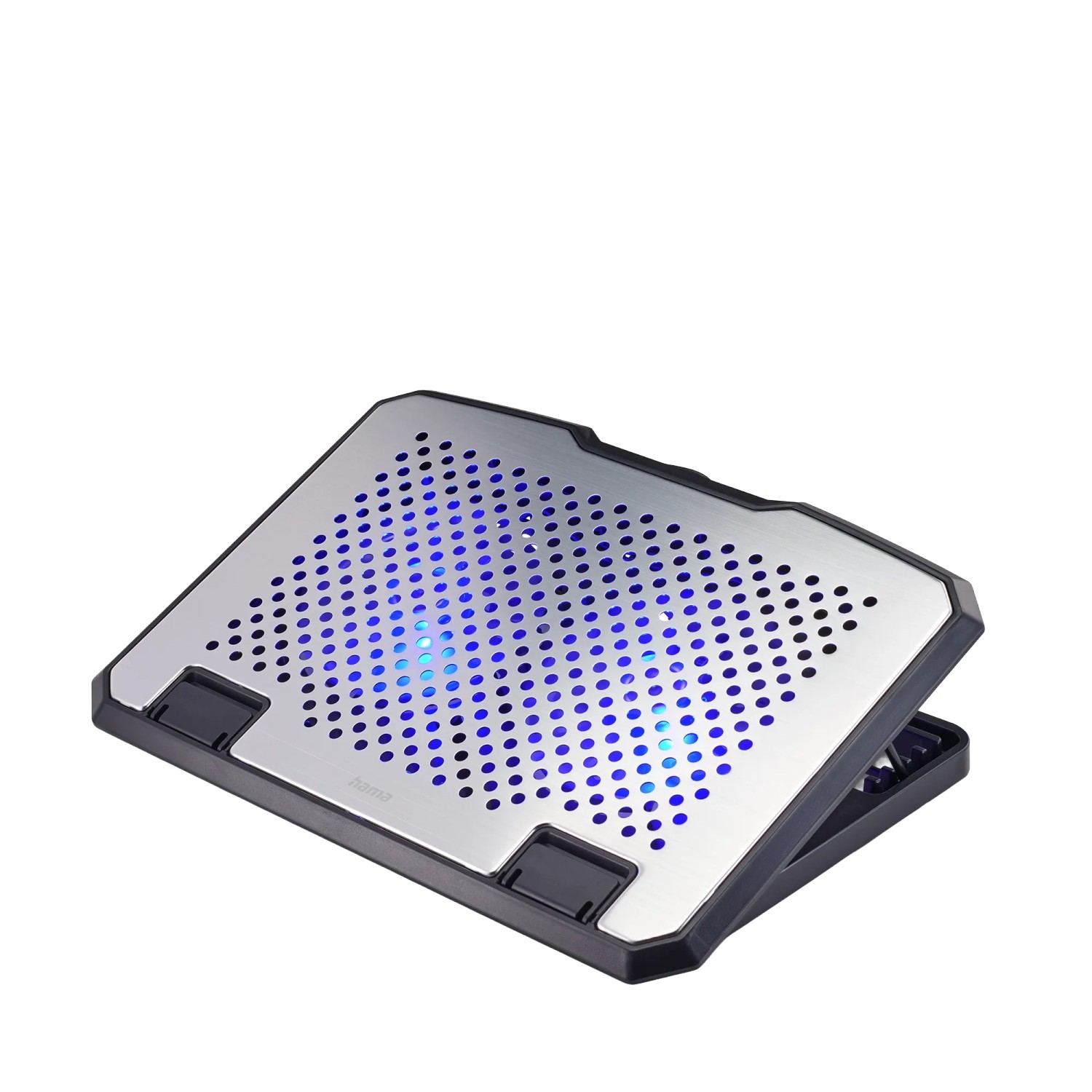Hama Laptop-Kühler aus Aluminium, neigbar, mit 2 Lüftern und blauer LED-Beleuchtung.