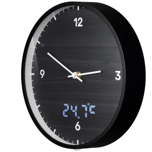 Schwarze Bresser Wanduhr MyTime mit LED-Temperaturanzeige, Ø 24cm. Funkuhr für Wohnraum & Büro.