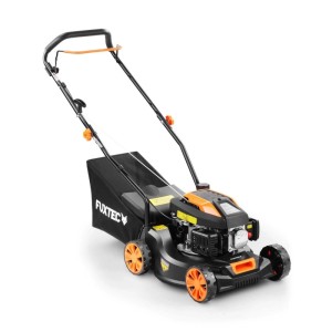 FUXTEC Benzin-Rasenmäher FX-RM4180 in Schwarz-Orange mit 40 cm Schnittbreite und 45 L Fangkorb.