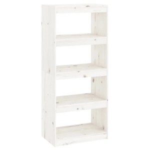 Weißes Bücherregal aus massivem Kiefernholz mit 4 offenen Fächern. Vielseitiges Standregal oder Raumteiler.