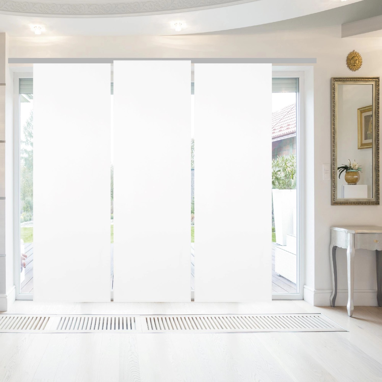 Bestgoodies Flächenvorhang Ellen 3er Pack Weiß vor Fenster, dezenter Lichteinfall.