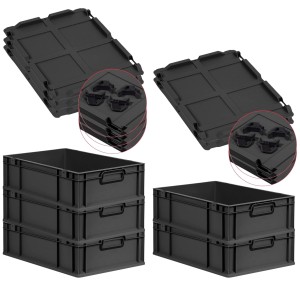 PROREGAL SuperSparSet: 5 schwarze Euroboxen Nextgen mit Auflagedeckel, 34 Liter, Griffe geschlossen.