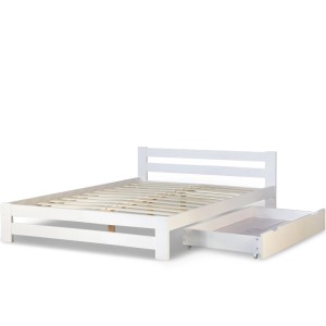 Weißes Homestyle4u Doppelbett aus Kiefernholz, 140x200 cm, mit Kopfteil, Rolllattenrost und ausziehbarem Bettkasten.