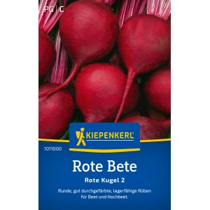 Kiepenkerl Rote Rüben 'Rote Kugel 2', dunkelrote, runde Rüben auf der Saatgutpackung.