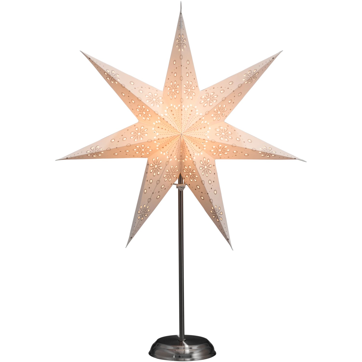 Konstsmide Papierstern Silber perforiert, weiße Weihnachtsdeko mit silberfarbenem Muster auf Metallfuß.