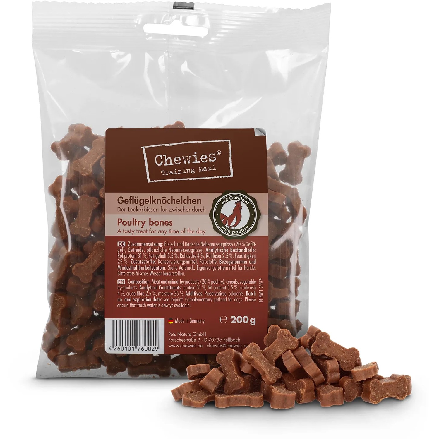Chewies Geflügelknöchelchen Maxi, 200g, Hunde-Natursnack im transparenten Beutel, Knochenform.