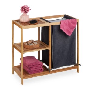 Relaxdays Wäschekorbregal Bambus Natur Grau Mit Wäschesack 65 cm x 68 cm x 33 cm 4,2 kg