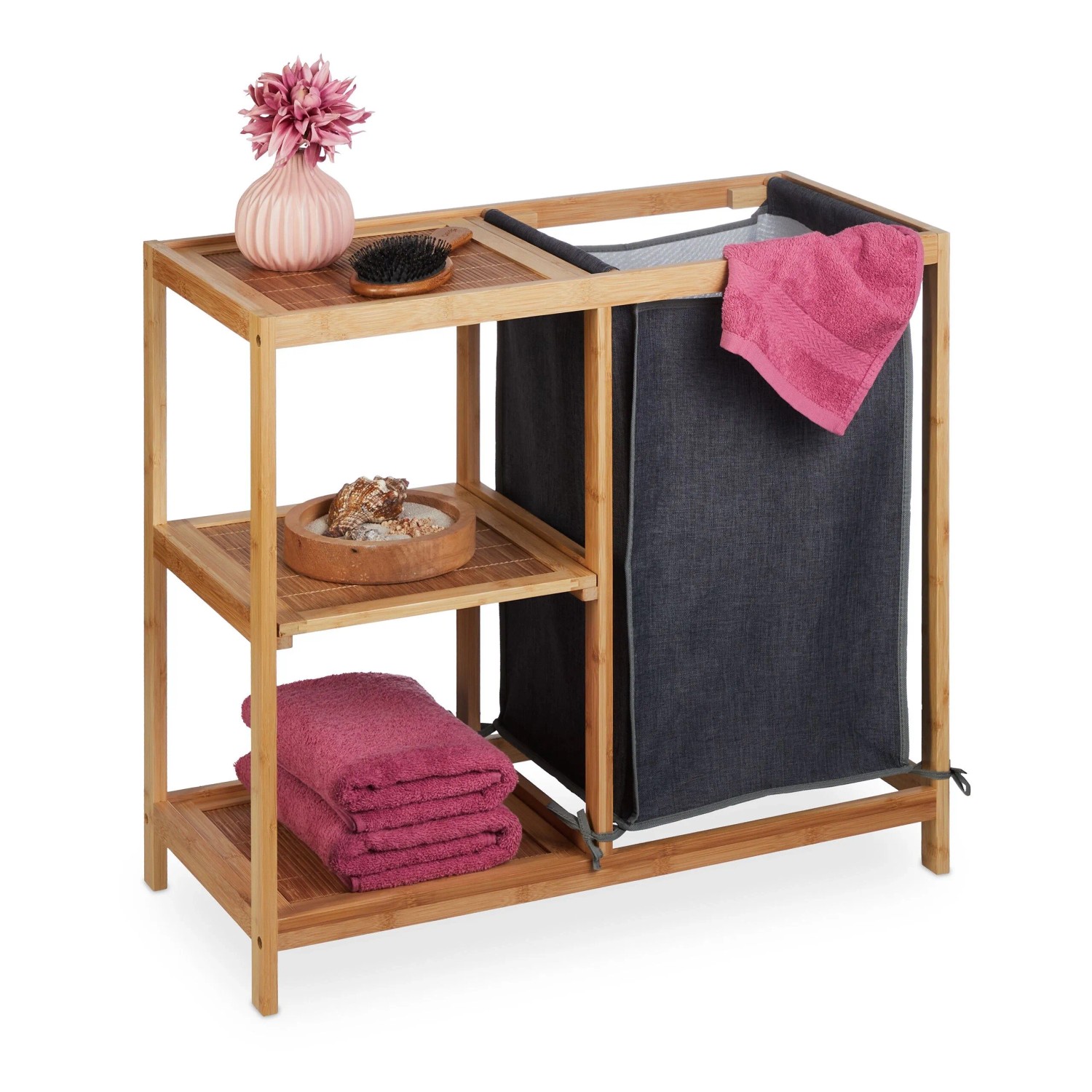 Relaxdays Wäschekorbregal Bambus Natur Grau Mit Wäschesack 65 cm x 68 cm x 33 cm 4,2 kg