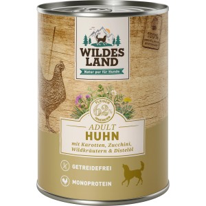 Wildes Land Hunde-Nassfutter Huhn mit Karotte, Distelöl, 400g Dose.