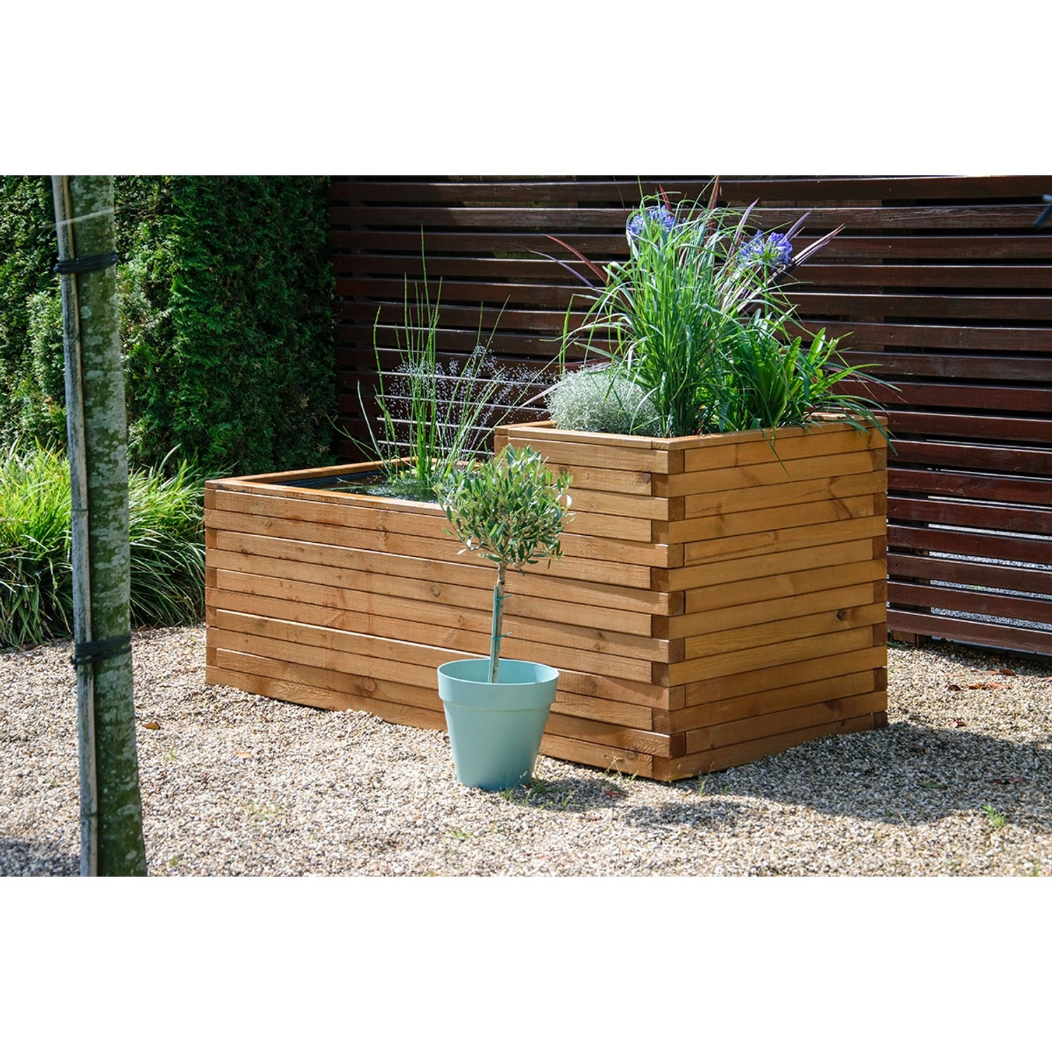 Dobar Hochteich Superb aus Kiefernholz mit Teichfolie, braun, 180x78x80cm, bepflanzt.