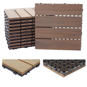 MCW WPC Bodenfliesen in geprägt-brauner Holzoptik mit 3D-Struktur für Balkon und Terrasse.