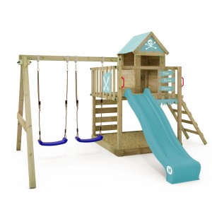 Wickey Spielturm Smart Cave mit Rutsche in Pastellblau, mit Schaukel und Kletterturm.