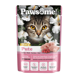 Pawsome Katzen-Nassfutter Adult Light Pute, 85g Beutel mit Katze und Putenstückchen.