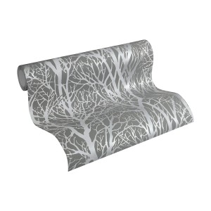 PROFHOME Vliestapete Wald, Silber/Grau, 0,53x10,05m. Dekorative Tapete mit Baum Muster.