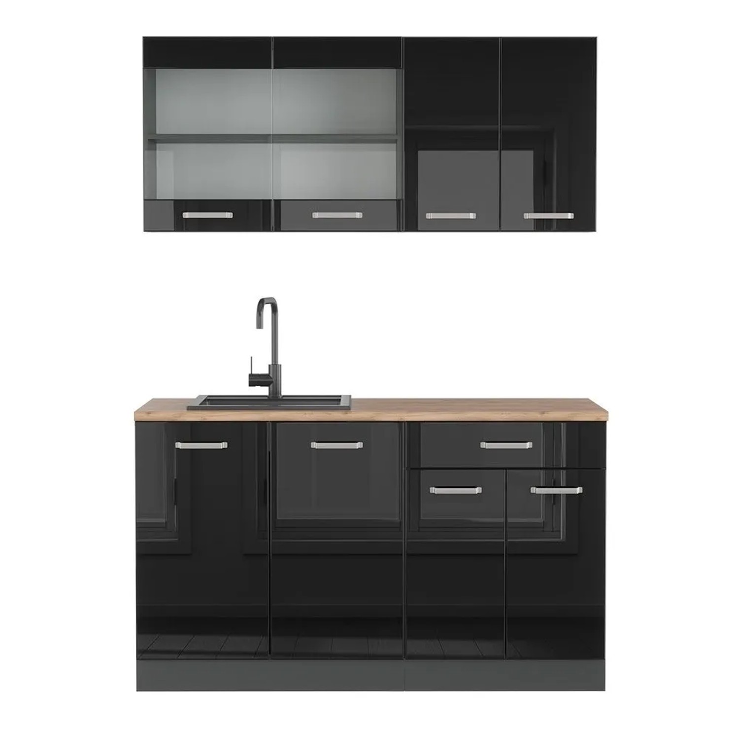Vicco R-Line Singleküche Schwarz Hochglanz Anthrazit 140 cm AP Eiche ohne E-Geräte