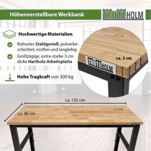 TRUTZHOLM Werkbank mit Hartholzplatte und Stahlgestell, höhenverstellbar, 135x46 cm.