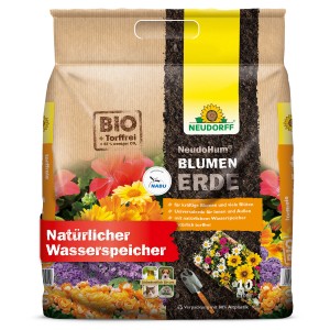 Sack Neudorff NeudoHum Blumenerde, 10 l, torffrei, für Zimmer-, Balkon- und Terrassenpflanzen.