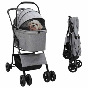 Grauer faltbarer vidaXL Haustierwagen aus Polyester mit Hund, daneben zusammengeklappt. Für kleine Hunde & Katzen.