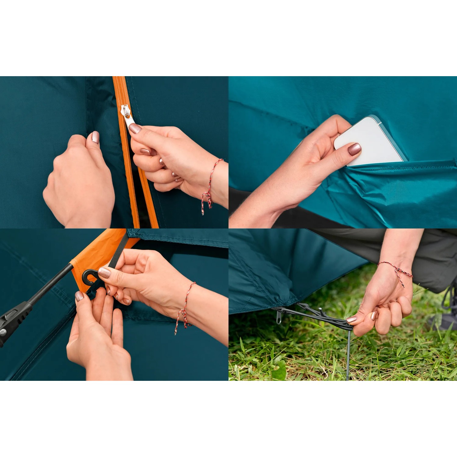 Details des Bestway Zeltes für 4 Personen: Reißverschluss, Tasche, Hering und Befestigung.