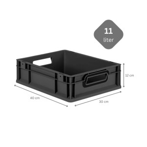 Schwarze PROREGAL Eurobox Nextgen Color, 11 Liter, mit Auflagedeckel. Aufbewahrungsbox mit offenen Griffen.