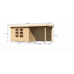 Karibu Holz-Gartenhaus Boras Natur mit Flachdach und Anbau, Maße eingezeichnet.