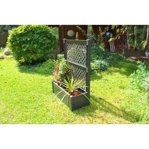 Anthrazitfarbener KHW Pflanzkasten mit Spalier, 140x100x43 cm, bepflanzt mit Blumen und Grünpflanzen.