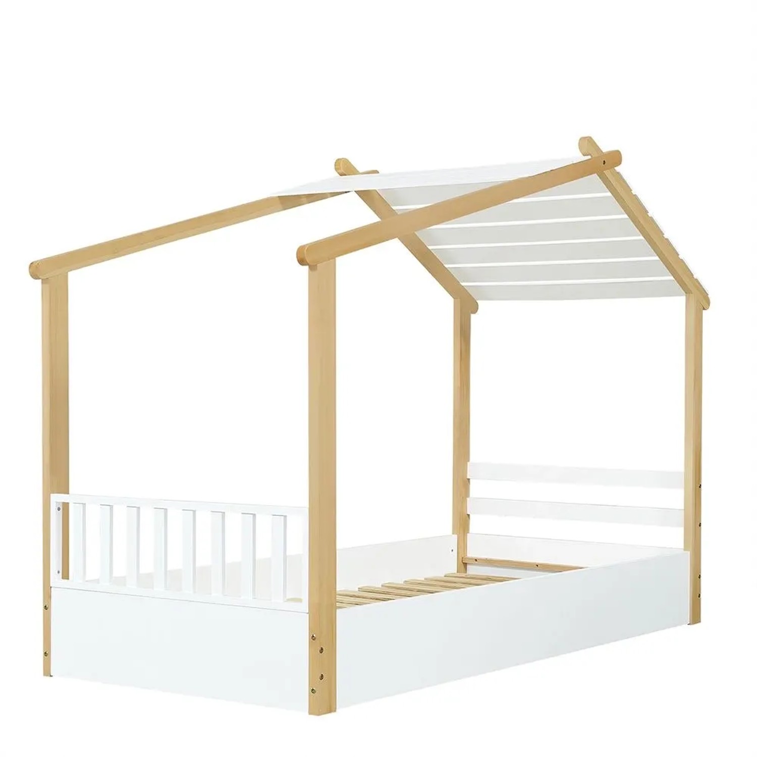 KOMHTOM Holzbetten 90x200 Cm  Kinderbett  Einzelbett  Edles Holzhausdesign  Weiß + Natur