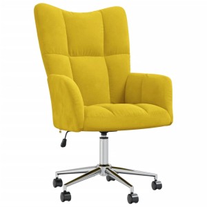 Senfgelber Relaxsessel aus Samt mit Rollen und verstellbarer Höhe. Ideal als Bürostuhl oder Wohnzimmerstuhl.