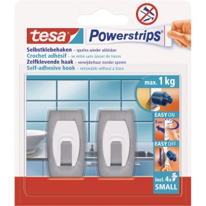 Tesa Selbstklebehaken, 2er-Set, Metall-Weiß, mit Powerstrips für spurloses Ablösen.